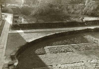 cc02090 third court 1950.jpg; cc02090; W Block under construction 1950. Third Court flower bed.; Photograph